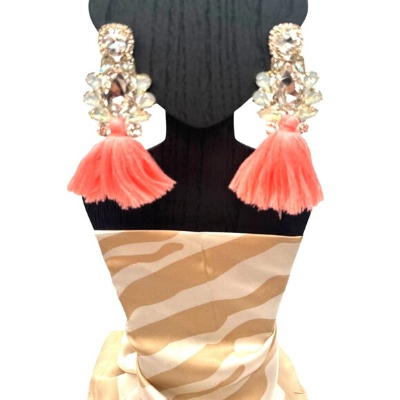 2/$24 Crystal & Coral Pink Tassel Drop Earrings Statement Jewelry - Picture 7 of 9